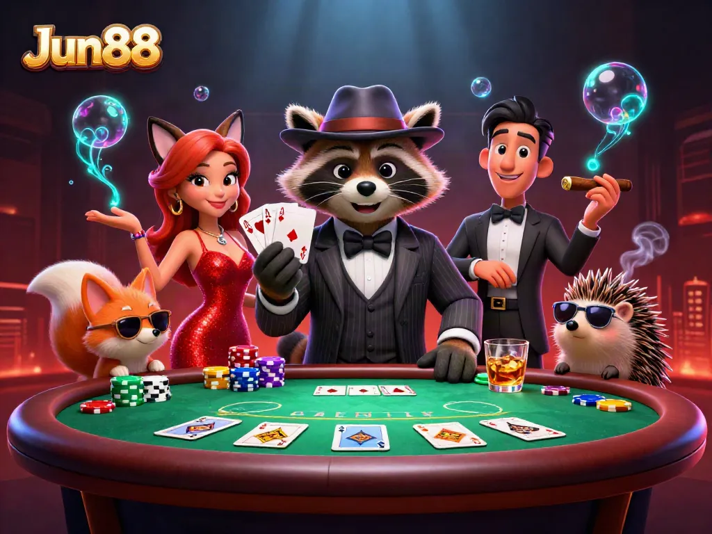 Experience the excitement of Jun88 casino with raccoon, fox, and hedgehog characters engaging in animated poker action.