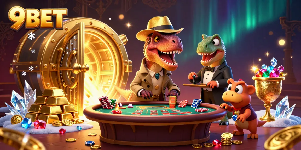 Experience the excitement of 9BET at a blackjack table featuring cartoon dinosaurs in a vibrant casino.