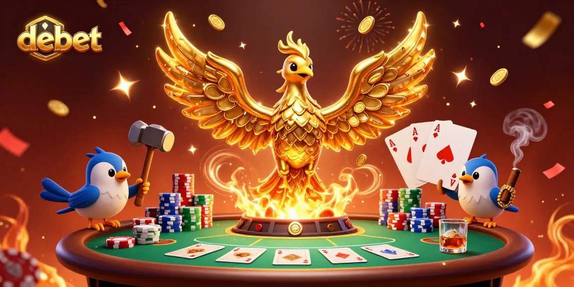 Engage in thrilling gameplay at debet with a majestic golden phoenix and vibrant poker elements.