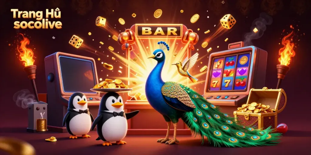 Experience excitement with Trang Chủ socolive as a peacock and penguin greet you amidst a jackpot explosion.