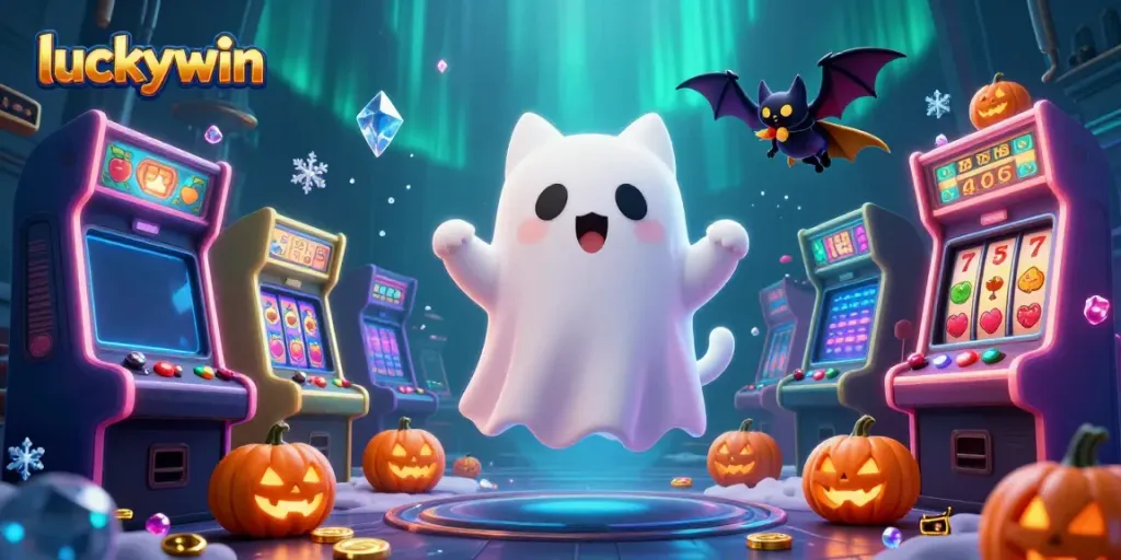 Join the excitement at luckywin with a ghost cat and bat in a bustling casino.