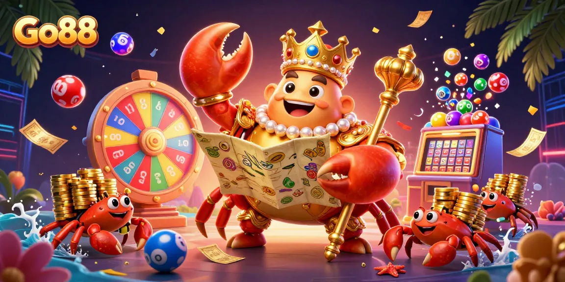 Engage with Go88's thrilling gaming world featuring vibrant lottery balls and lively characters.