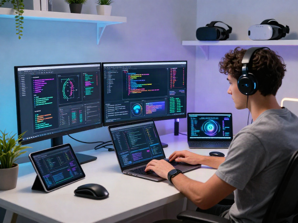 Engaging workspace scene showcasing nsfw ai development with modern gadgets and a vibrant atmosphere.