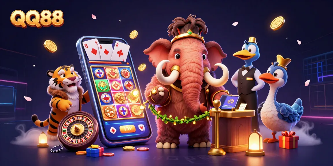 Engage with QQ88's vibrant casino scene featuring a mammoth bouncer, VIP saber-tooth, and dynamic game elements.