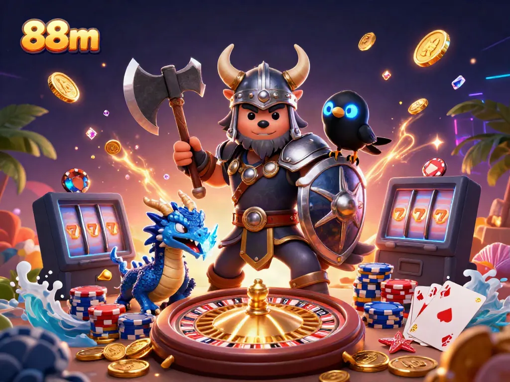 Experience thrilling casino action with 88m as a Viking wolf warrior, dragon, and raven amid golden coins and playing cards.