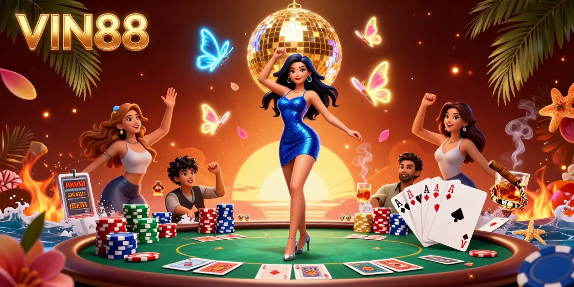 Engage with the vibrant VIN88 casino scene featuring a glamorous dancer and poker elements.