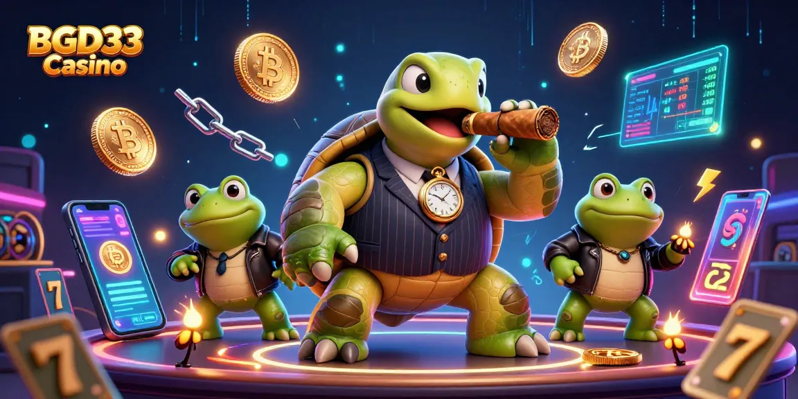 Experience the thrilling BGD33 Casino with a 3D cartoon turtle in a vintage suit surrounded by vibrant gaming elements.