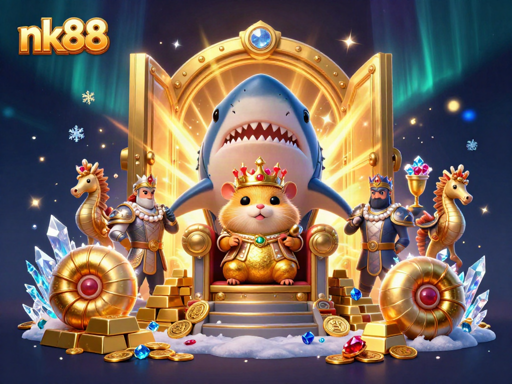 Experience the thrill of nk88 with a fierce golden hamster king in a treasure-packed casino scene.