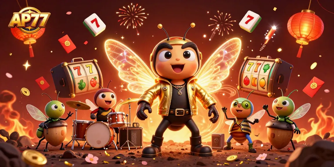Engage with AP777 through exciting casino games featuring a rock star cicada and vibrant elements.