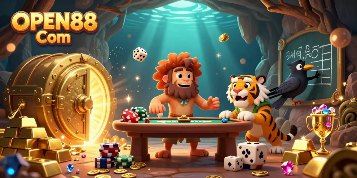 Enhance your gaming experience with OPEN88 Com – lively 3D casino illustration featuring playful characters and dazzling treasures.