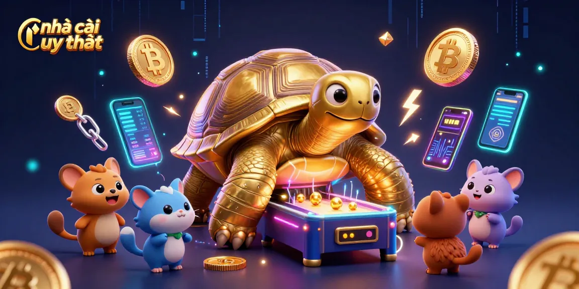 Experience the excitement of nhà cái uy tín with vibrant 3D elements featuring a colossal tortoise and cryptocurrency.