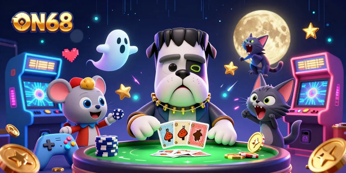 Experience ON68's thrilling games with a Frankenstein bulldog dealer at a spooky casino table.