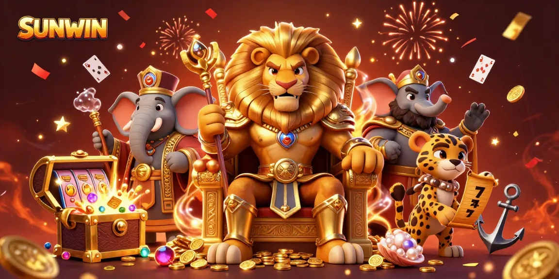 Experience the thrilling adventures at SUNWIN casino, featuring a majestic lion king and dynamic slot elements.