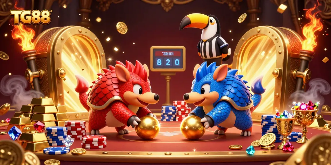 Bowling pangolins at TG88's casino, rolling golden balls through poker chips.