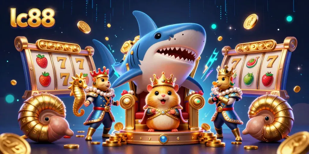 Spin jackpot reels and win with the lc88 golden hamster king in a vibrant casino scene.