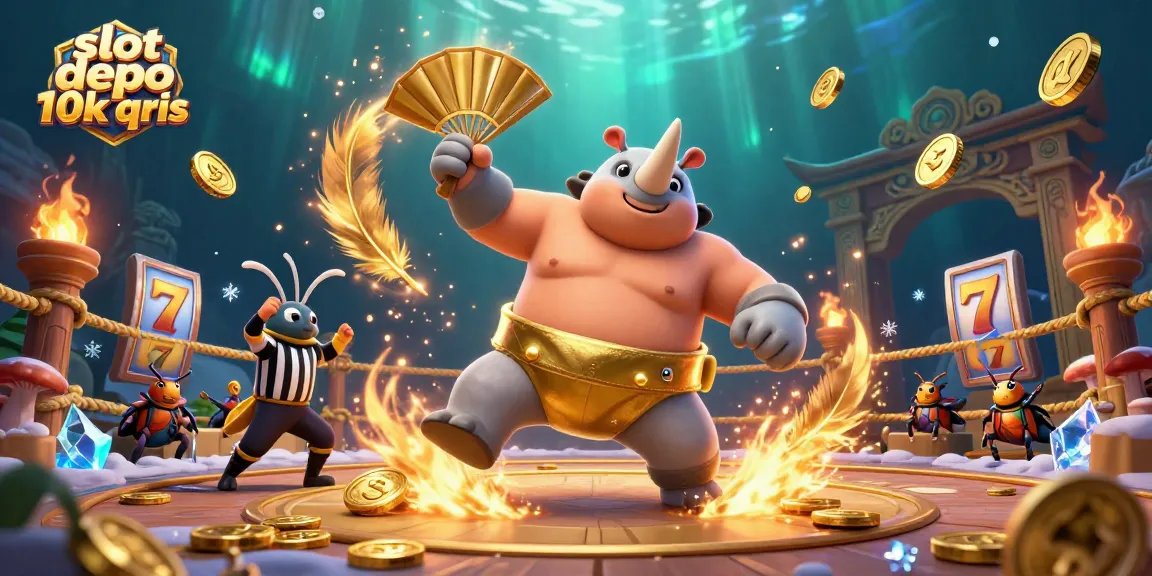 Engage in thrilling gameplay at slot depo 10k qris with vibrant 3D visual elements showcasing a sumo beetle champion in action.