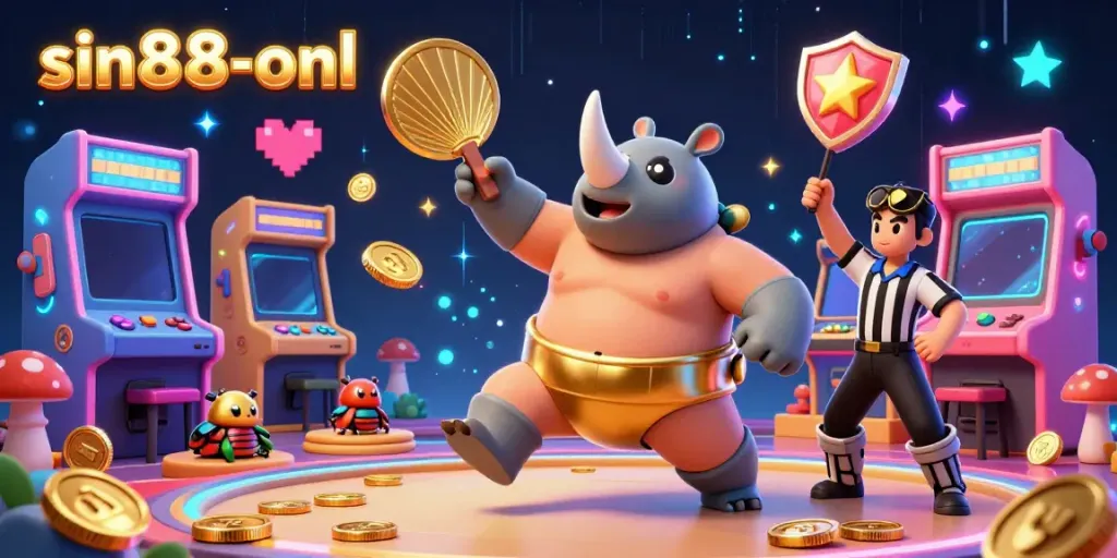 Sin88-onl delivers an engaging gaming experience with a rhinoceros beetle champion amidst golden coins and vibrant game elements.