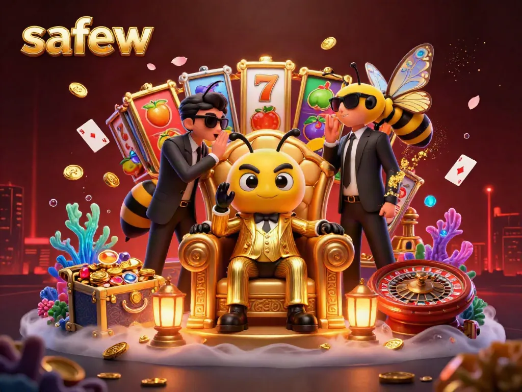 Engage in thrilling casino action with safew as the bumblebee mob boss leads a dynamic group of characters amidst slot reels and gold.