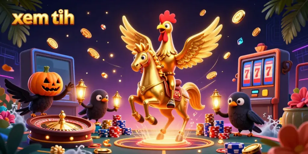 Experience the thrilling casino atmosphere with "xem thêm", featuring a golden rooster in a midnight scene.