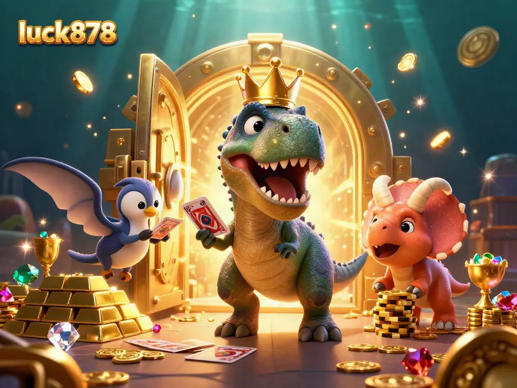 Play cards and stack chips with luck878's vibrant casino-themed dinosaur trio illustration.