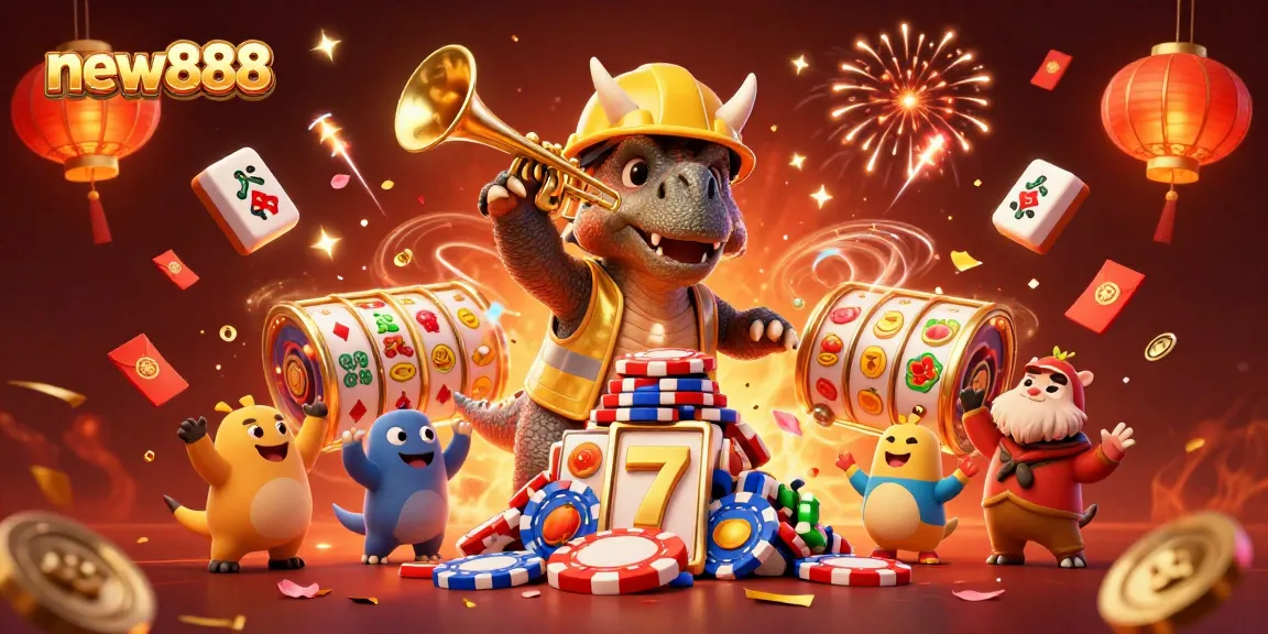 Build your fortune with new888 in a vibrant casino celebration depicted by excited characters and game elements.