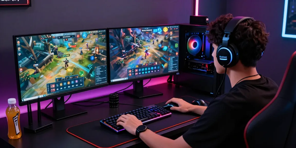 Gamer using slot7000 platform with dual monitors showcasing gameplay and chat interaction, cozy atmospheric lighting.