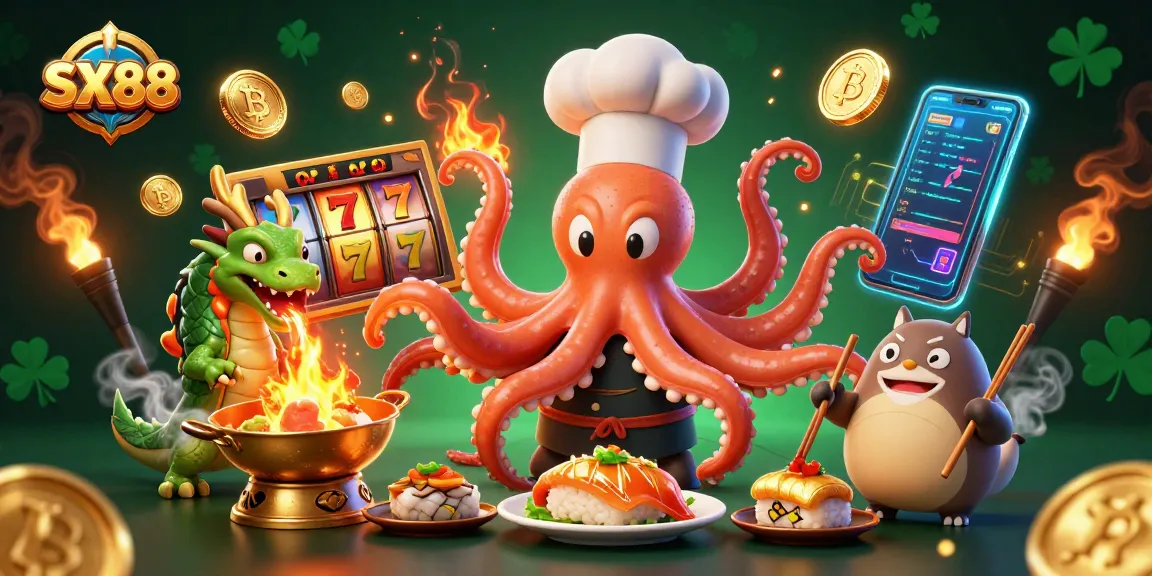 SX88 presents an exciting casino scene with a chef octopus, dragon, and tanuki among slot games and crypto coins.