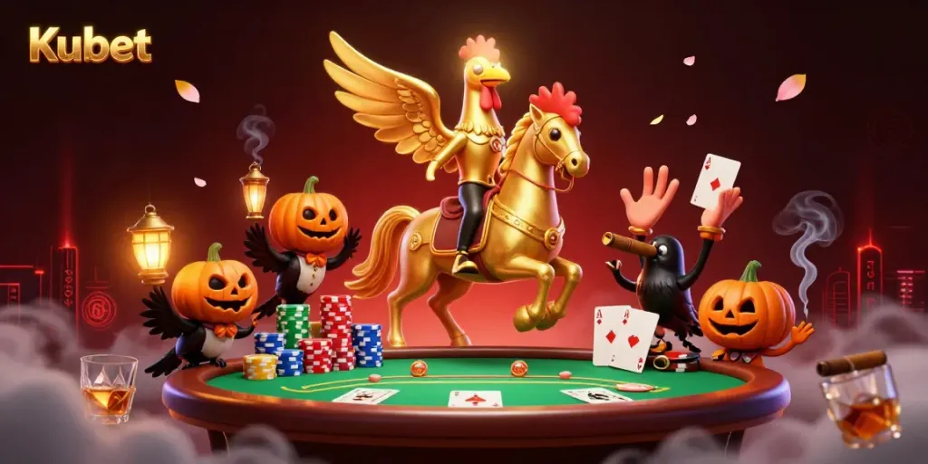 Kubet offers an enchanting casino experience, with a golden rooster and vibrant gaming details.