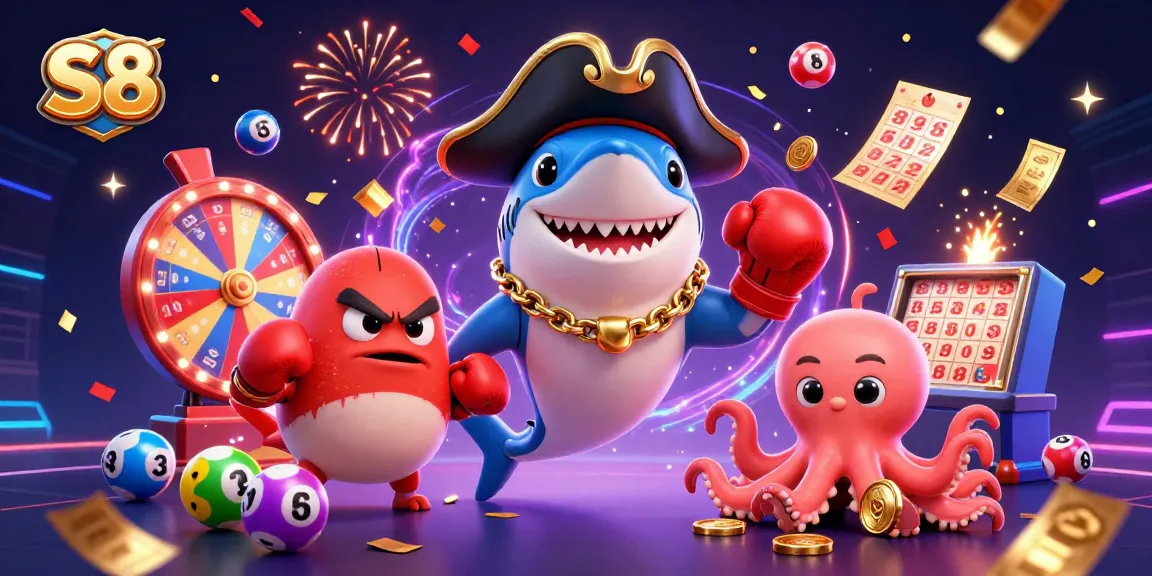 S8 lottery scene featuring a pirate shark, pufferfish, and octopus surrounded by colorful game elements