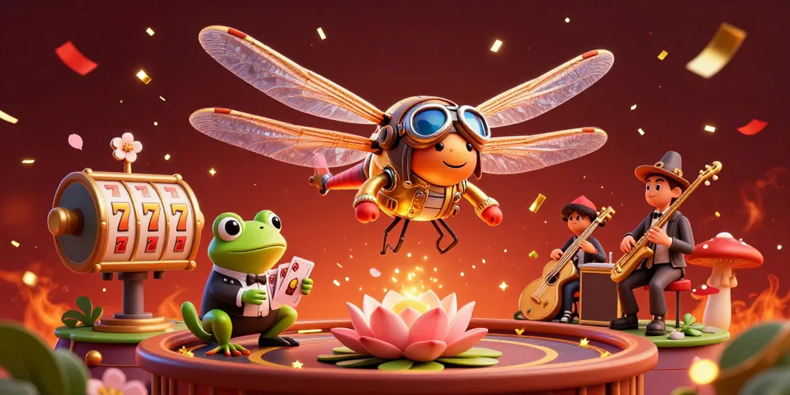 X88 Casino: Dragonfly pilot and frog dealer create a vibrant card game atmosphere.