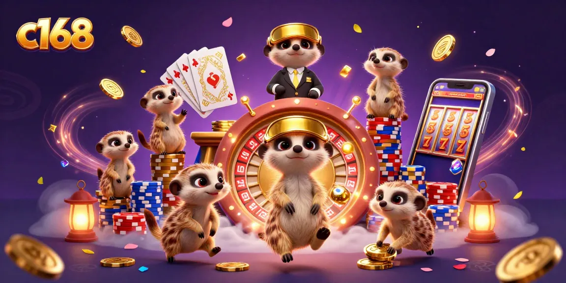c168 showcases playful meerkats amidst a vibrant, bustling casino atmosphere, maximizing your winning experience.