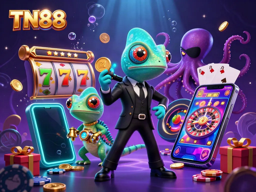 Join the action with TN88, a vibrant 3D casino illustration featuring slots and thrilling characters.