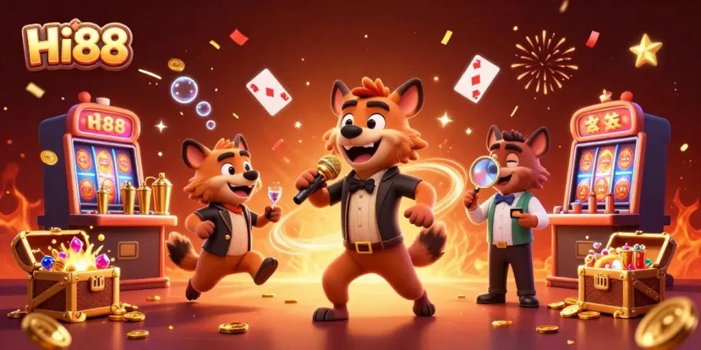 Experience thrilling fun at Hi88's vibrant casino scene featuring lively hyena characters in action.