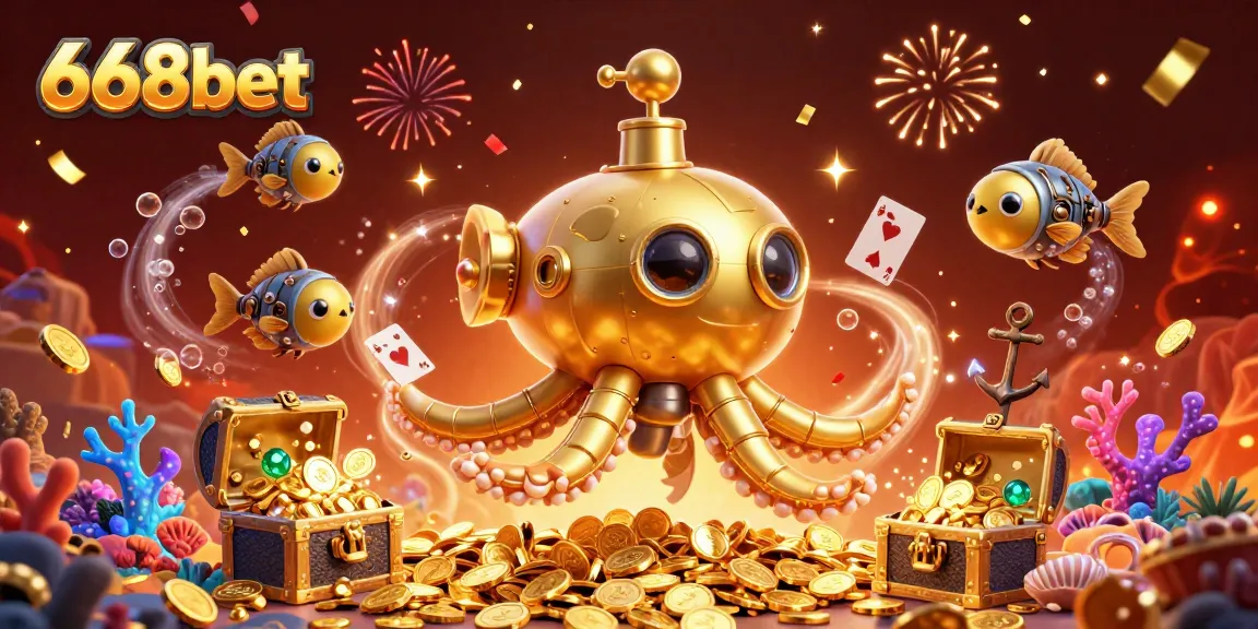 Engage with 668bet as a vibrant underwater casino scene features a golden kraken submarine amidst treasure and playing cards.