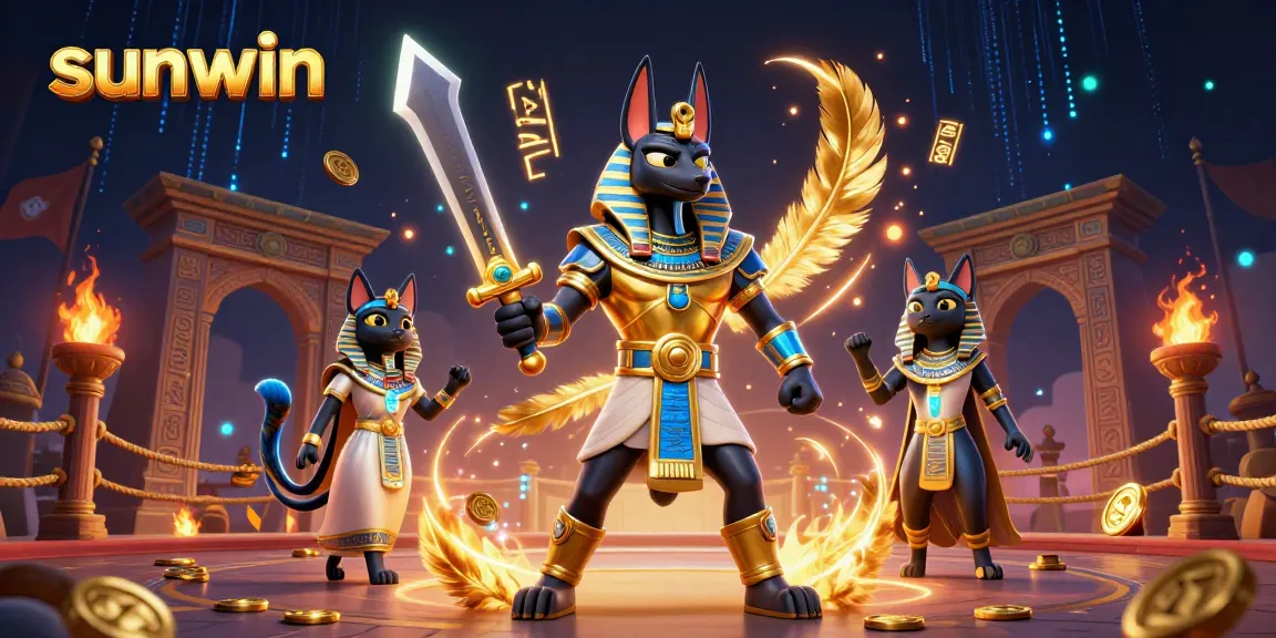 Engage with sunwin's thrilling casino scene featuring Anubis and bastet amidst glowing hieroglyphs and dynamic game elements.