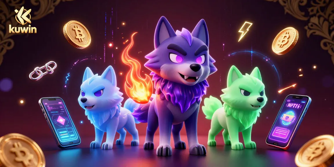 Kuwin's wolf leader leads with glowing eyes in a vibrant 3D gambling scene filled with crypto coins.