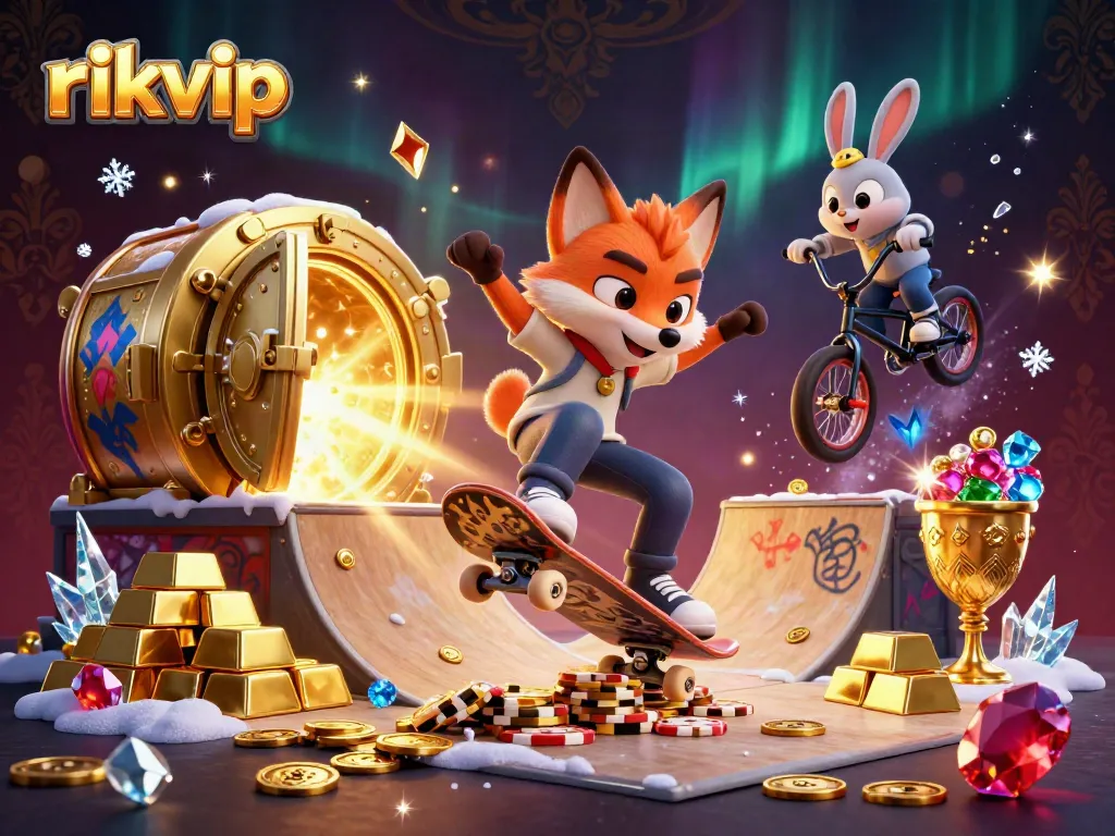 Experience thrilling gameplay at rikvip with an exciting illustration of cartoon characters performing stunts.