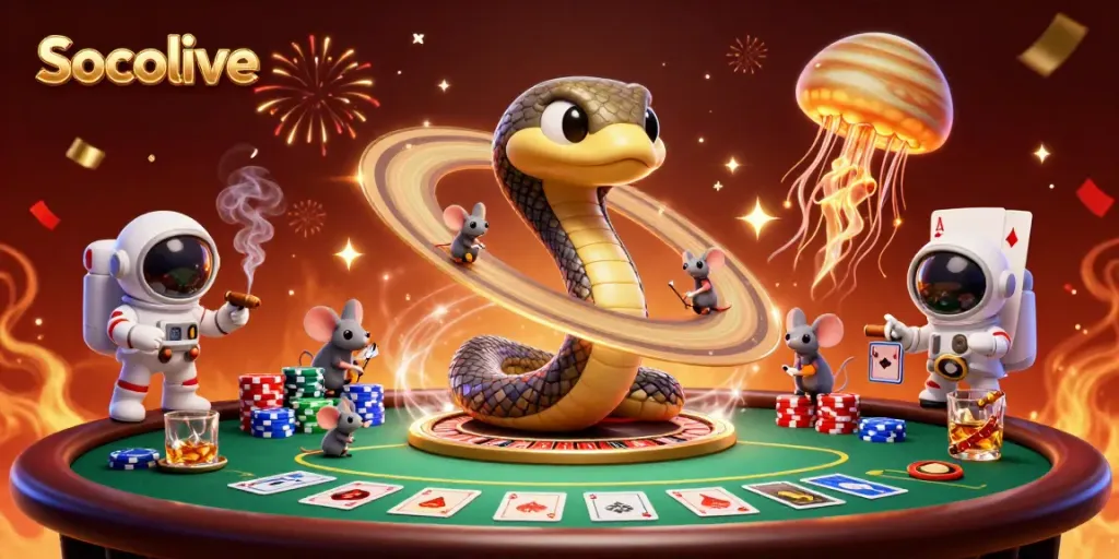Socolive showcases a dynamic 3D scene where cartoon characters engage in cosmic gambling, emphasizing excitement.