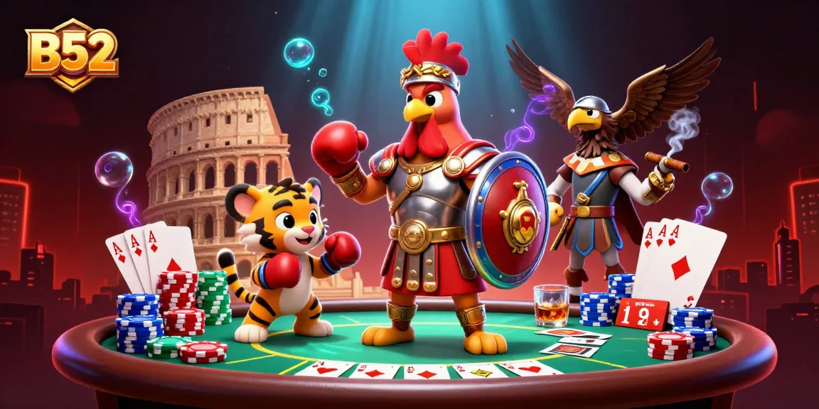 Experience the thrill of B52 in a lively poker scene with colorful chips and competitive characters.