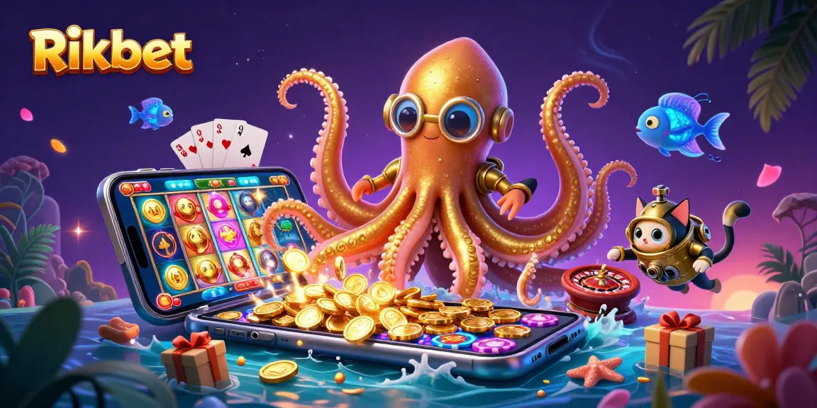 Rikbet players spin winning slots with kraken and diving cat in a vibrant 3D scene.