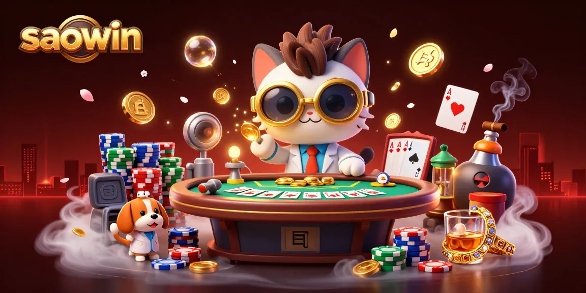 Experience the excitement of saowin with a vibrant casino scene featuring a cartoon mad scientist cat and loyal dog creating a gold-coin-replication machine.