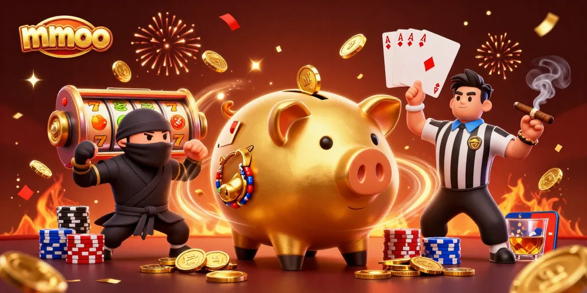 Experience thrilling gameplay at mmoo, featuring a dynamic 3D scene with a golden piggy bank sumo wrestler and vibrant casino elements.