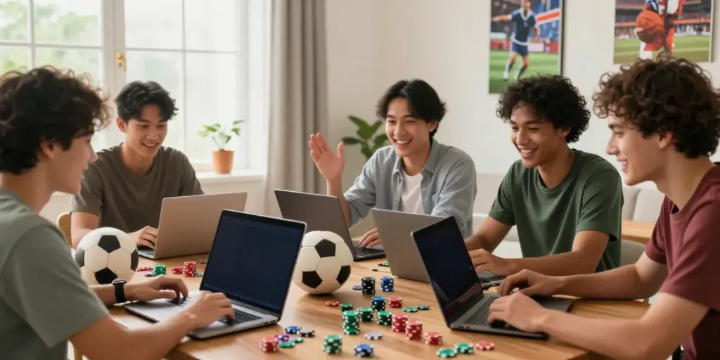 Friends excitedly betting online at vin88 in a lively setting.