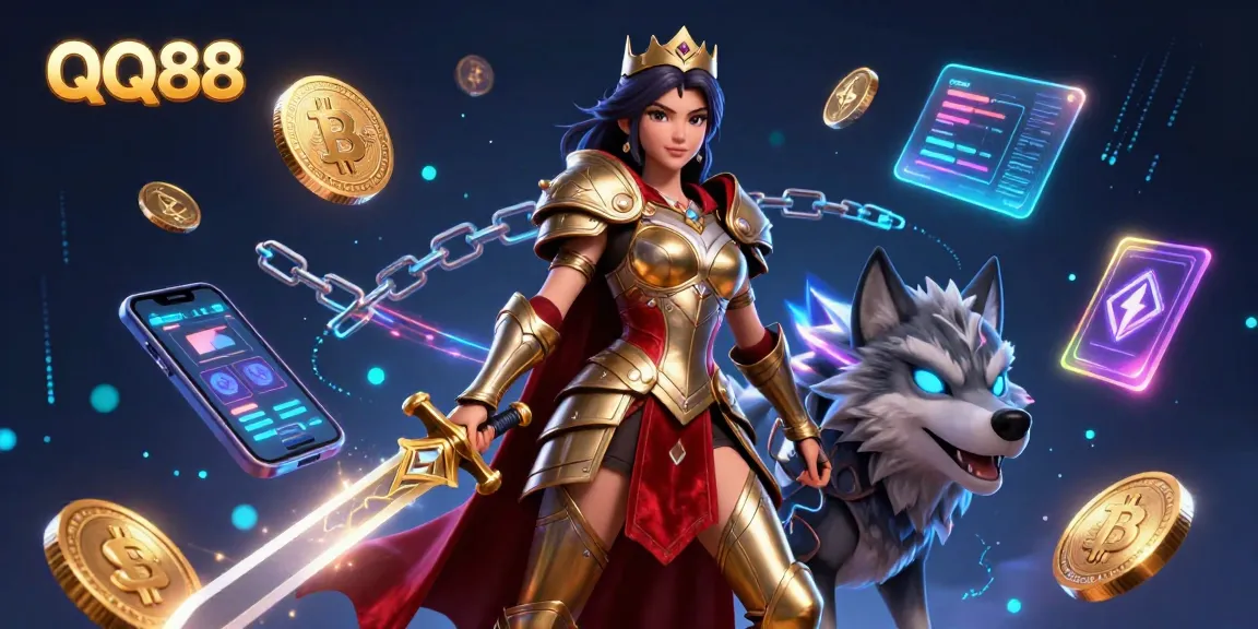 Experience thrilling gaming at QQ88 with a warrior queen and mystical wolf in a dynamic casino setting.