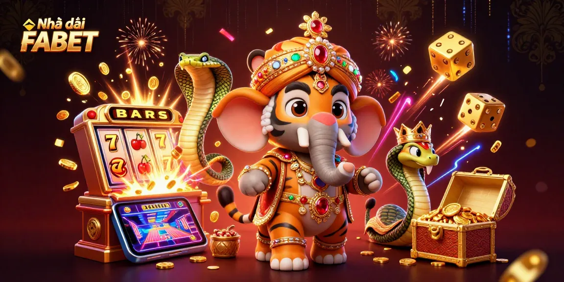 Experience vivid gaming excitement with Nhà cái FABET's vibrant 3D casino scene featuring rich symbols and characters.