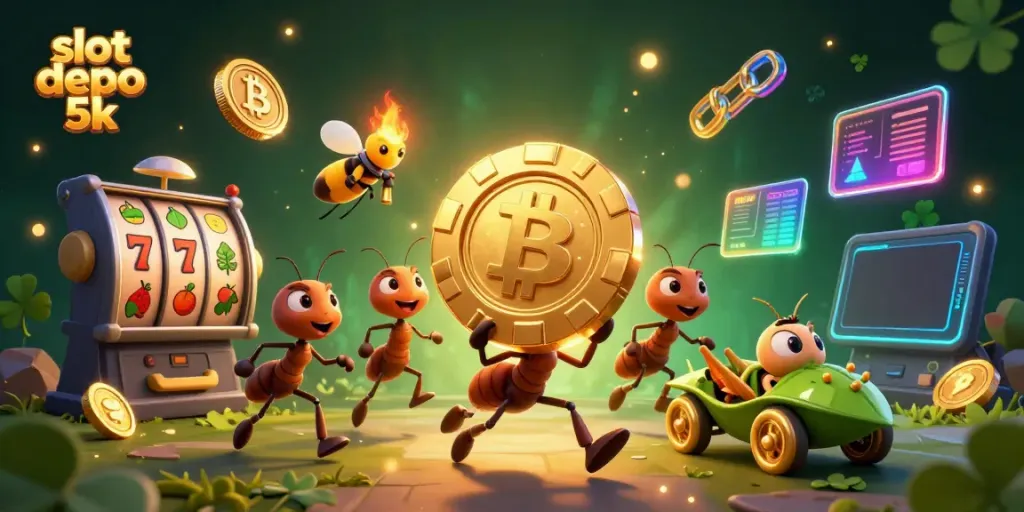 Engage in thrilling gameplay at slot depo 5k with a vibrant illustration of cartoon ants carrying golden chips.