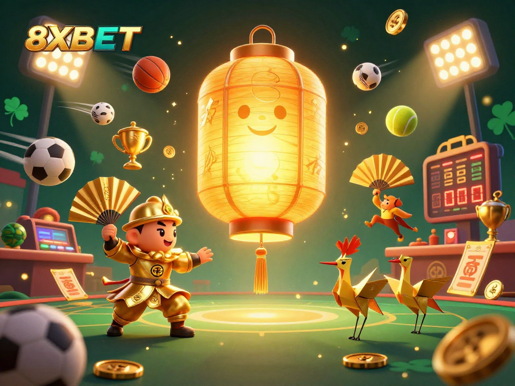 8XBET gambling scene with golden lantern spirit, sports balls, and vibrant casino elements