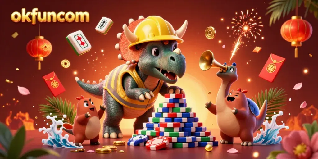 Engage with the thrilling atmosphere of okfuncom through a vibrant 3D cartoon scene featuring fun casino games.