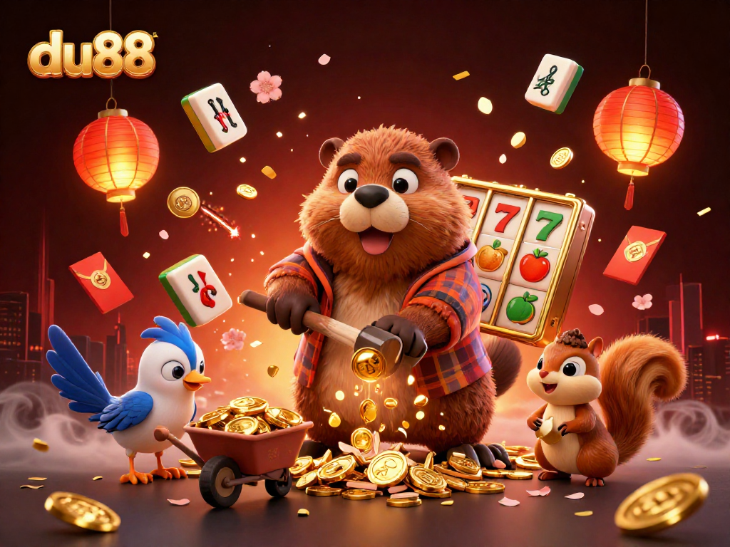 Experience du88's exciting gold rush with a lively beaver and friends collecting coins.