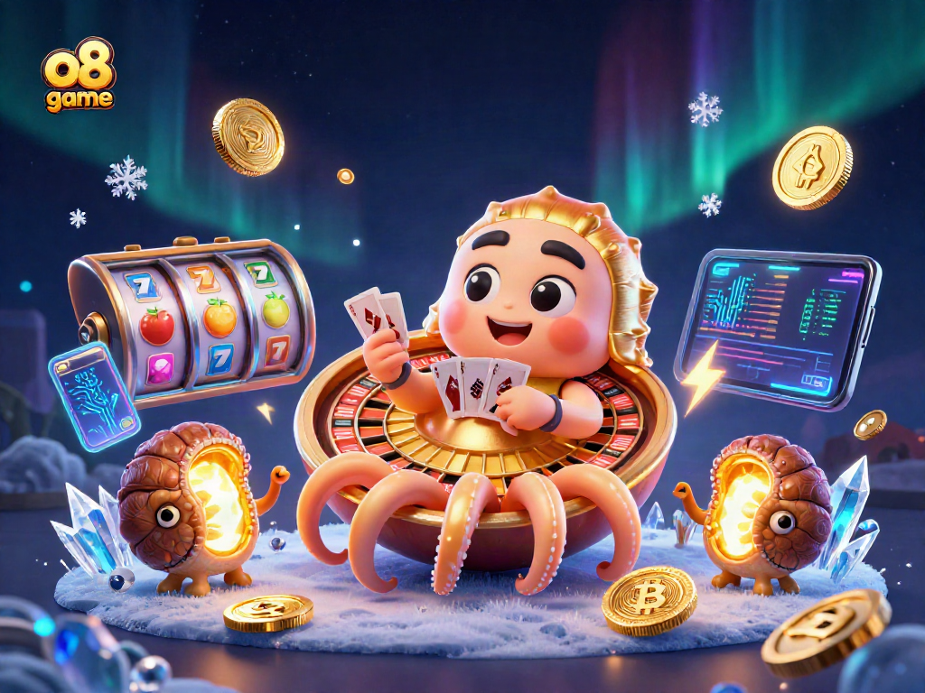Engage with the exciting o8 game, featuring a giant nautilus as a roulette wheel and glowing crypto coins.